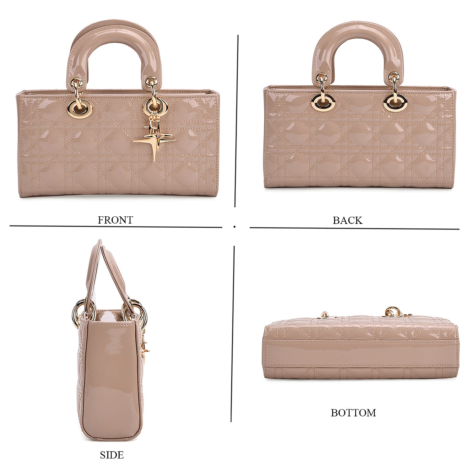 La Marey Genuine Leather Quilted Handbag Bag With Detachable Shoulder Strap - Light Khaki