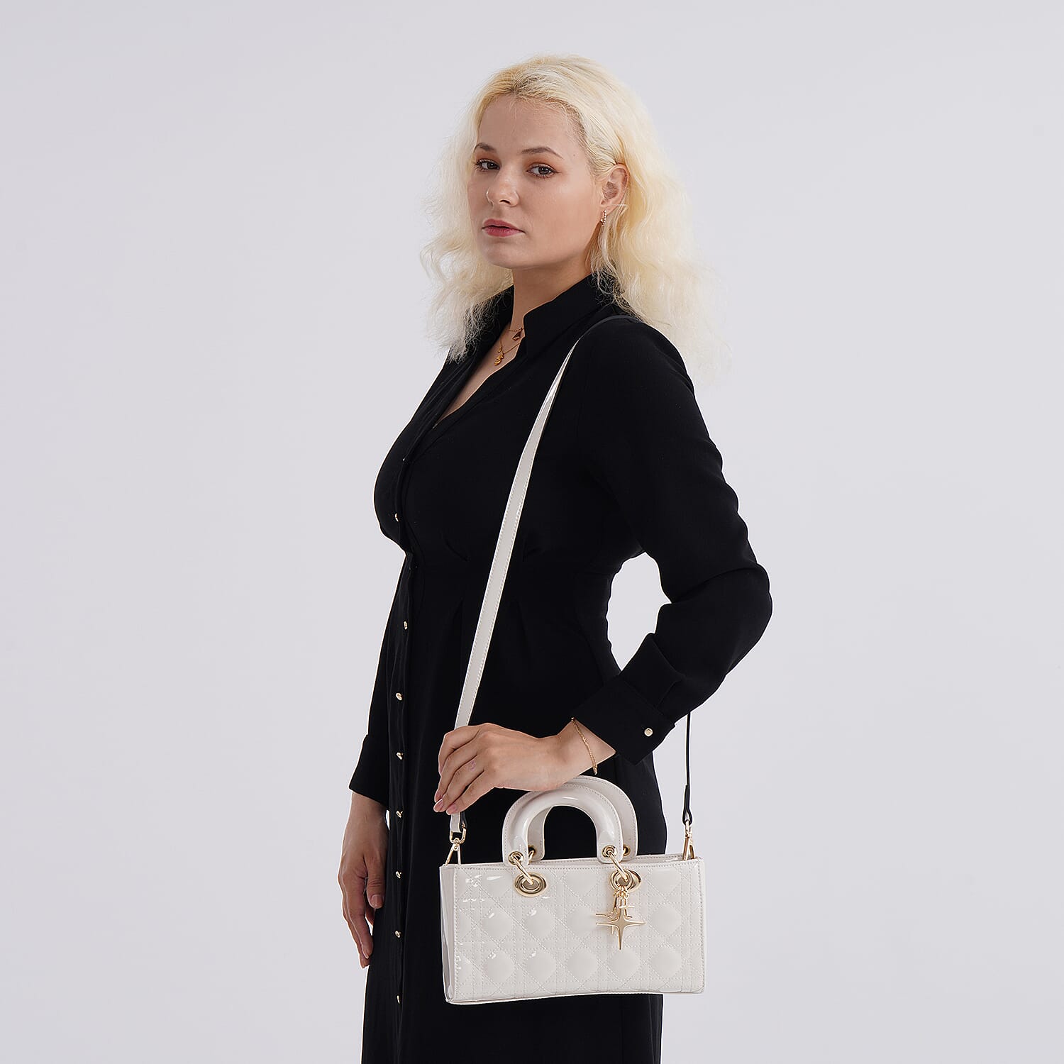 La Marey Genuine Leather Quilted Handbag Bag With Detachable Shoulder Strap - White