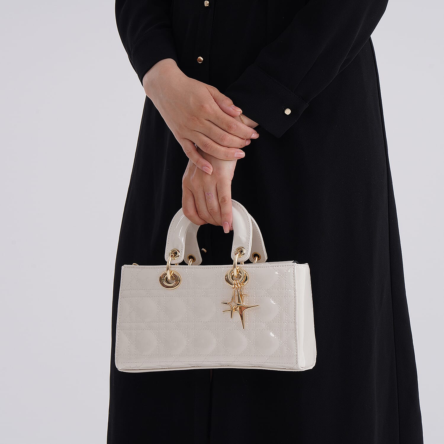 La Marey Genuine Leather Quilted Handbag Bag With Detachable Shoulder Strap - White