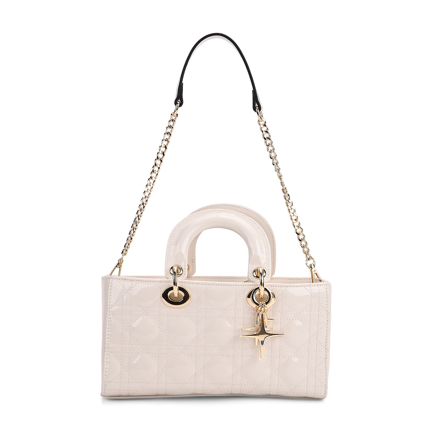 La Marey Genuine Leather Quilted Handbag Bag With Detachable Shoulder Strap - White