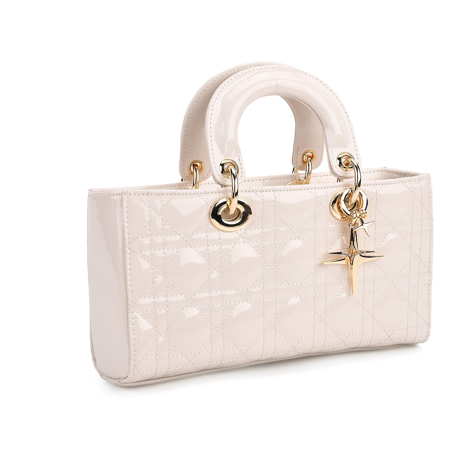 La Marey Genuine Leather Quilted Handbag Bag With Detachable Shoulder Strap - White