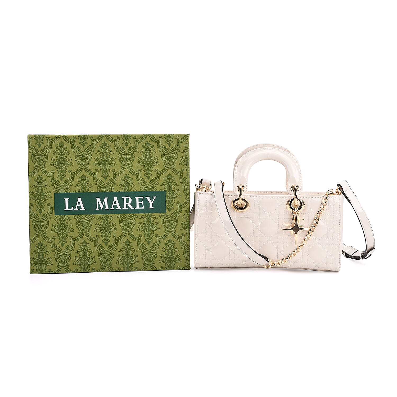 La Marey Genuine Leather Quilted Handbag Bag With Detachable Shoulder Strap - White
