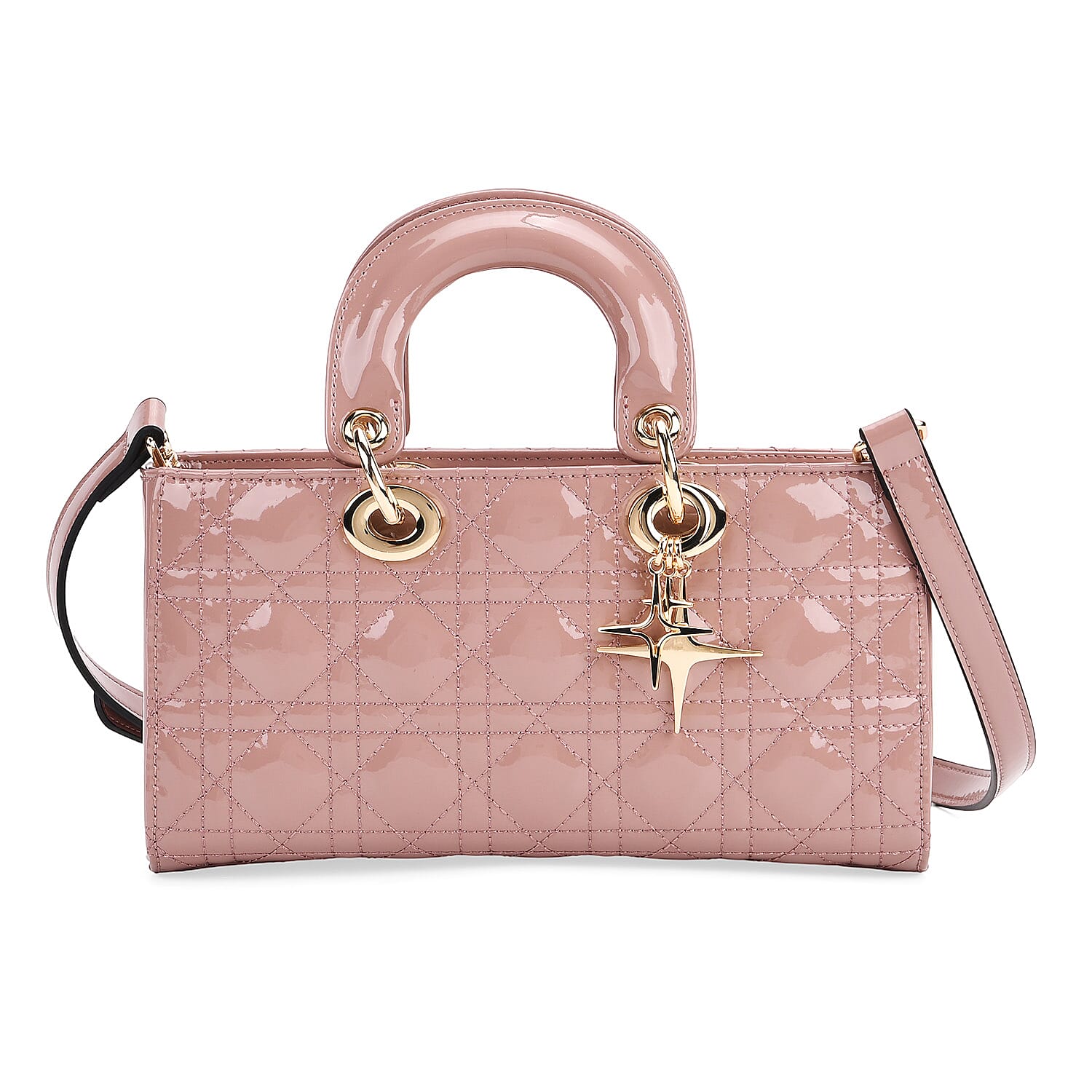 La Marey Genuine Leather Quilted Handbag Bag With Detachable Shoulder Strap - Pink