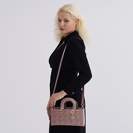 La Marey Genuine Leather Quilted Handbag Bag With Detachable Shoulder Strap - Pink