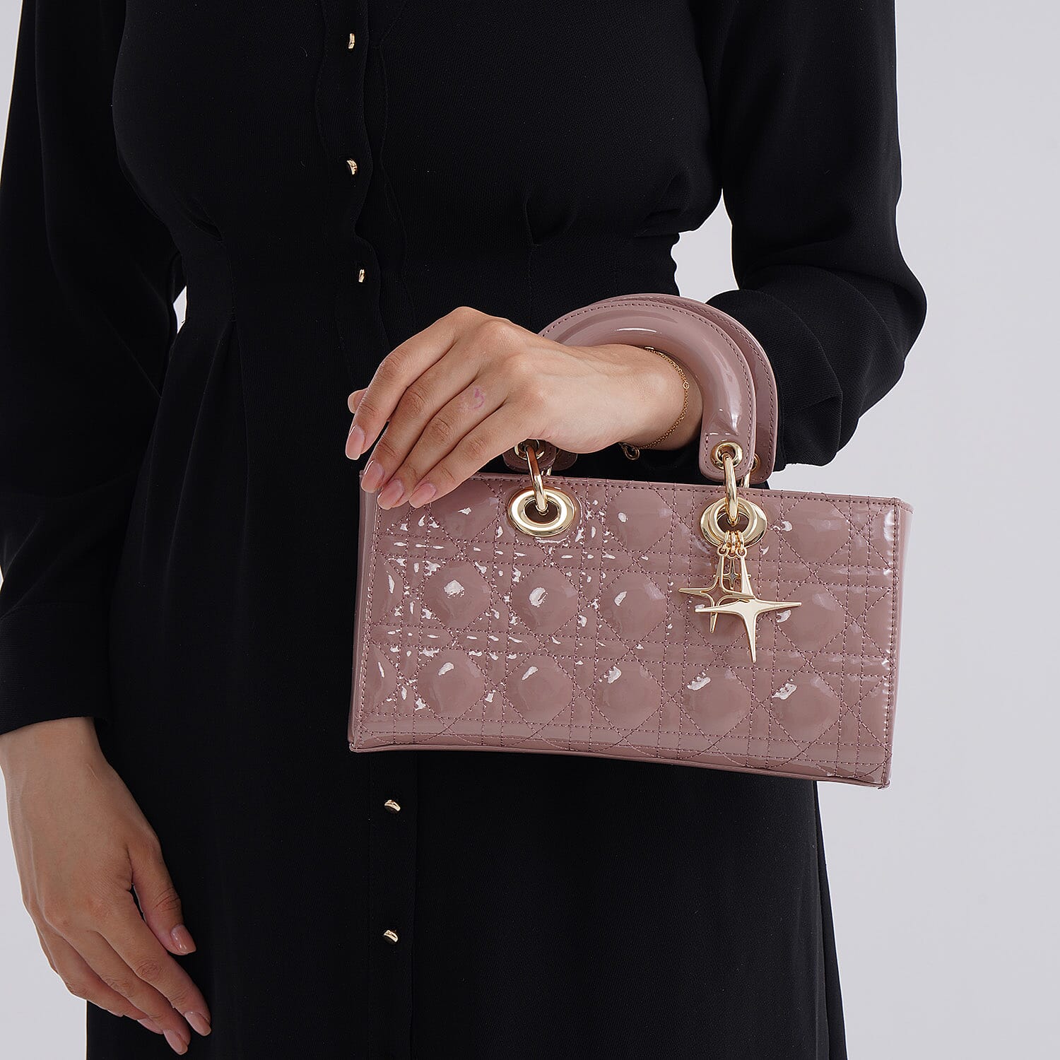 La Marey Genuine Leather Quilted Handbag Bag With Detachable Shoulder Strap - Pink