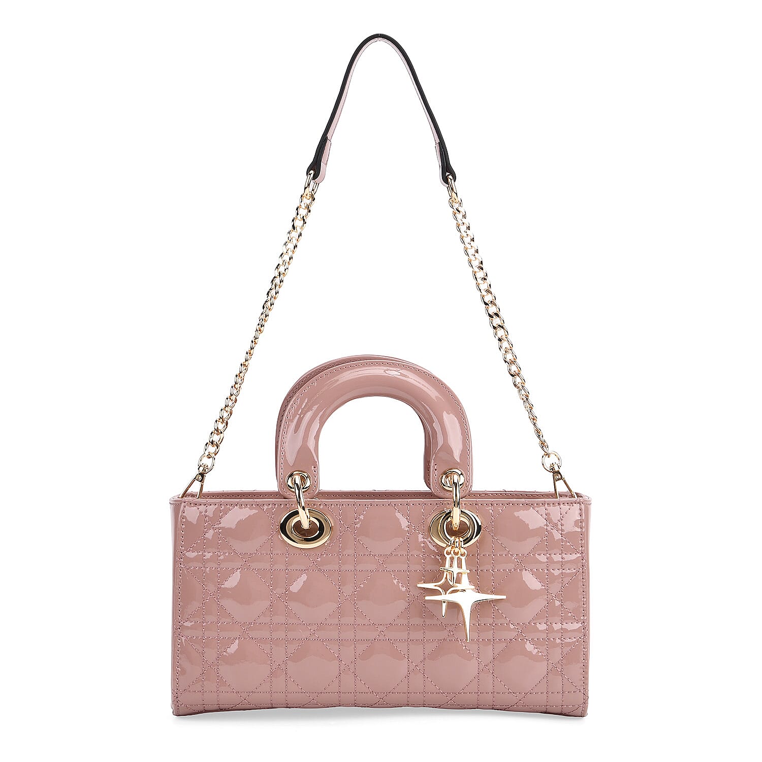 La Marey Genuine Leather Quilted Handbag Bag With Detachable Shoulder Strap - Pink