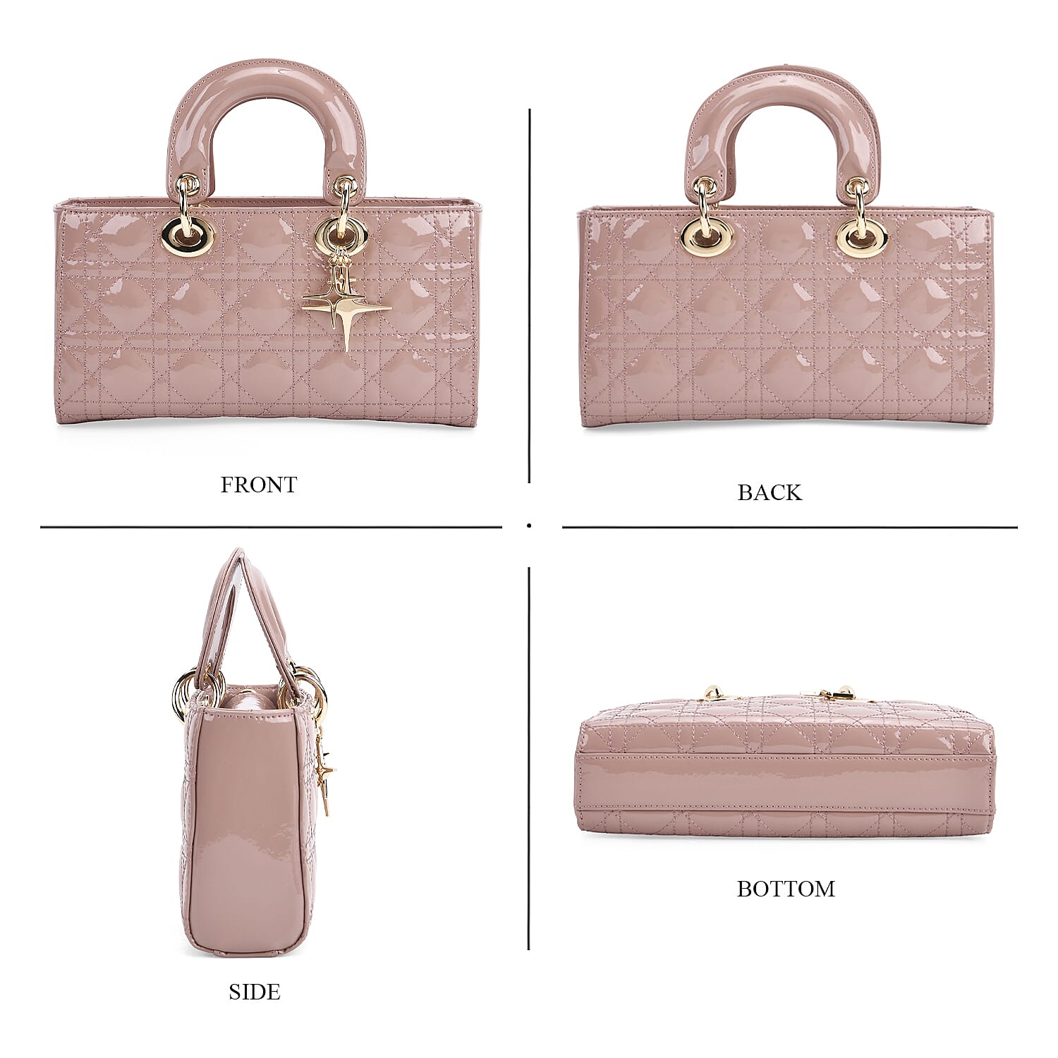 La Marey Genuine Leather Quilted Handbag Bag With Detachable Shoulder Strap - Pink