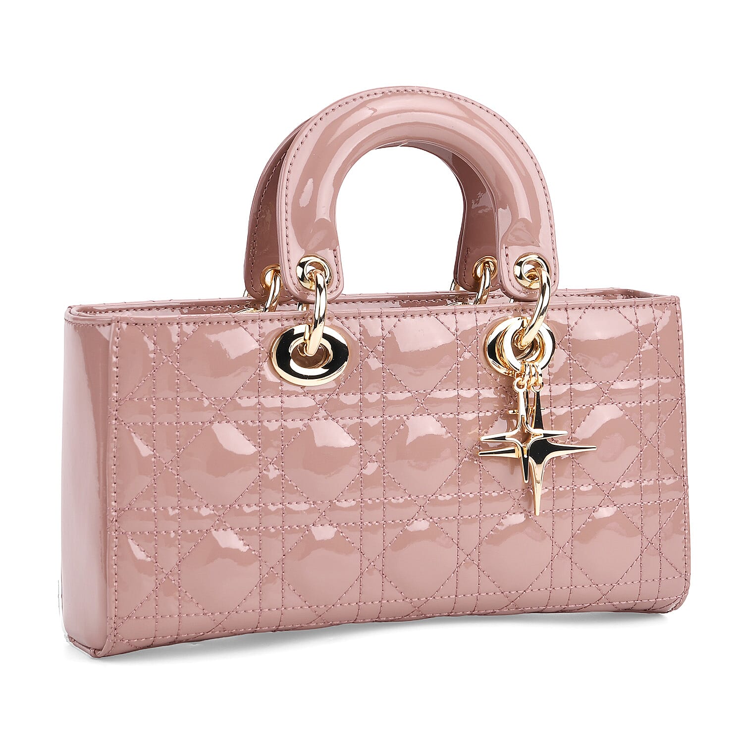 La Marey Genuine Leather Quilted Handbag Bag With Detachable Shoulder Strap - Pink