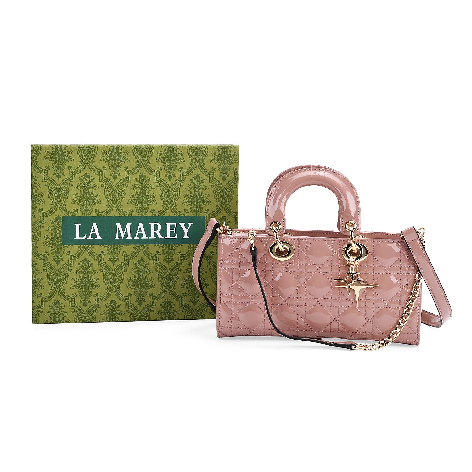 La Marey Genuine Leather Quilted Handbag Bag With Detachable Shoulder Strap - Pink
