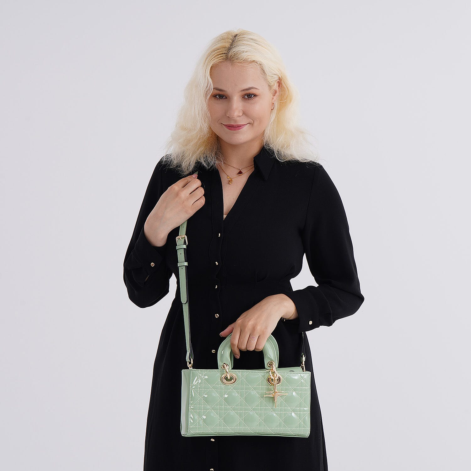 La Marey Genuine Leather Quilted Handbag Bag With Detachable Shoulder Strap - Green