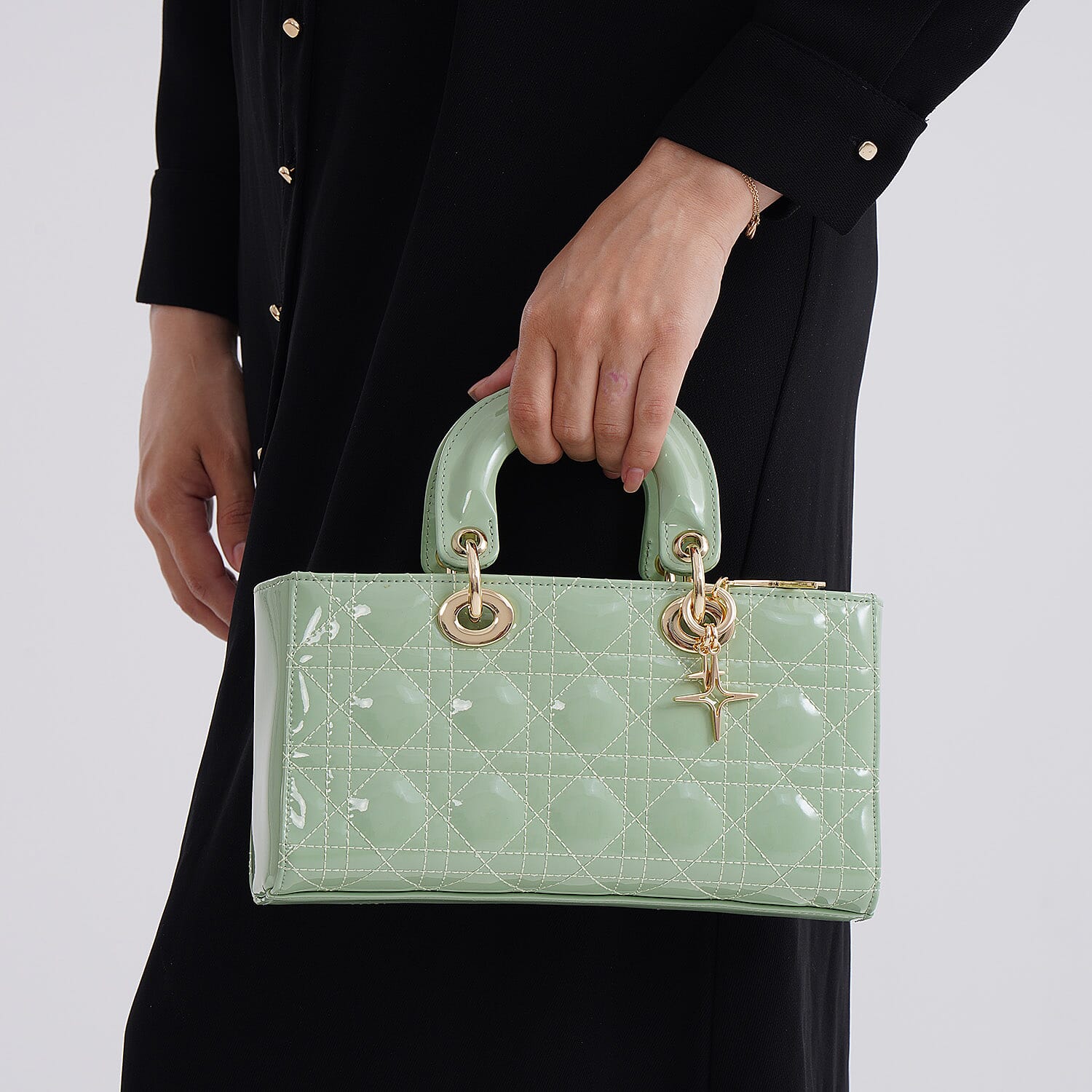 La Marey Genuine Leather Quilted Handbag Bag With Detachable Shoulder Strap - Green