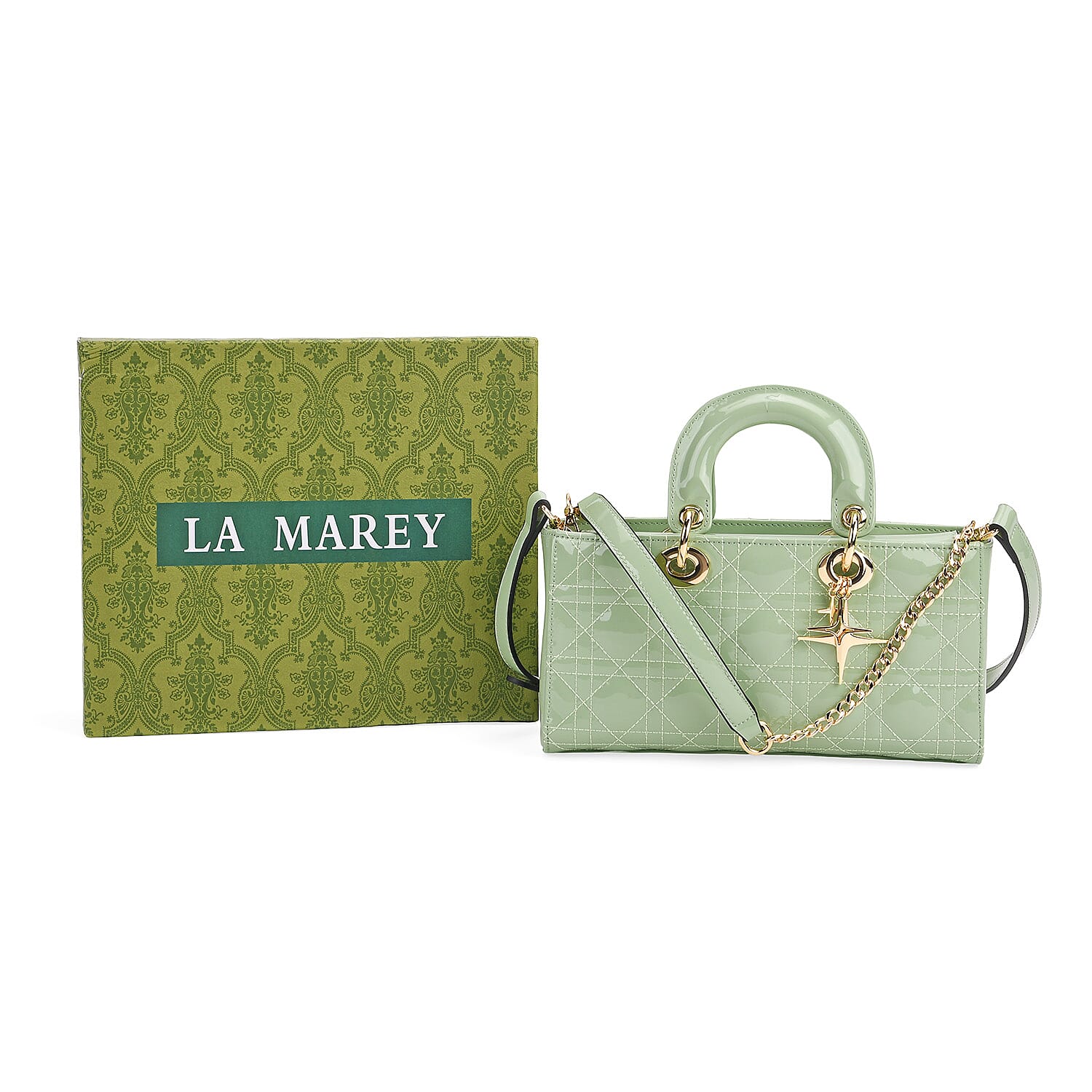 La Marey Genuine Leather Quilted Handbag Bag With Detachable Shoulder Strap - Green