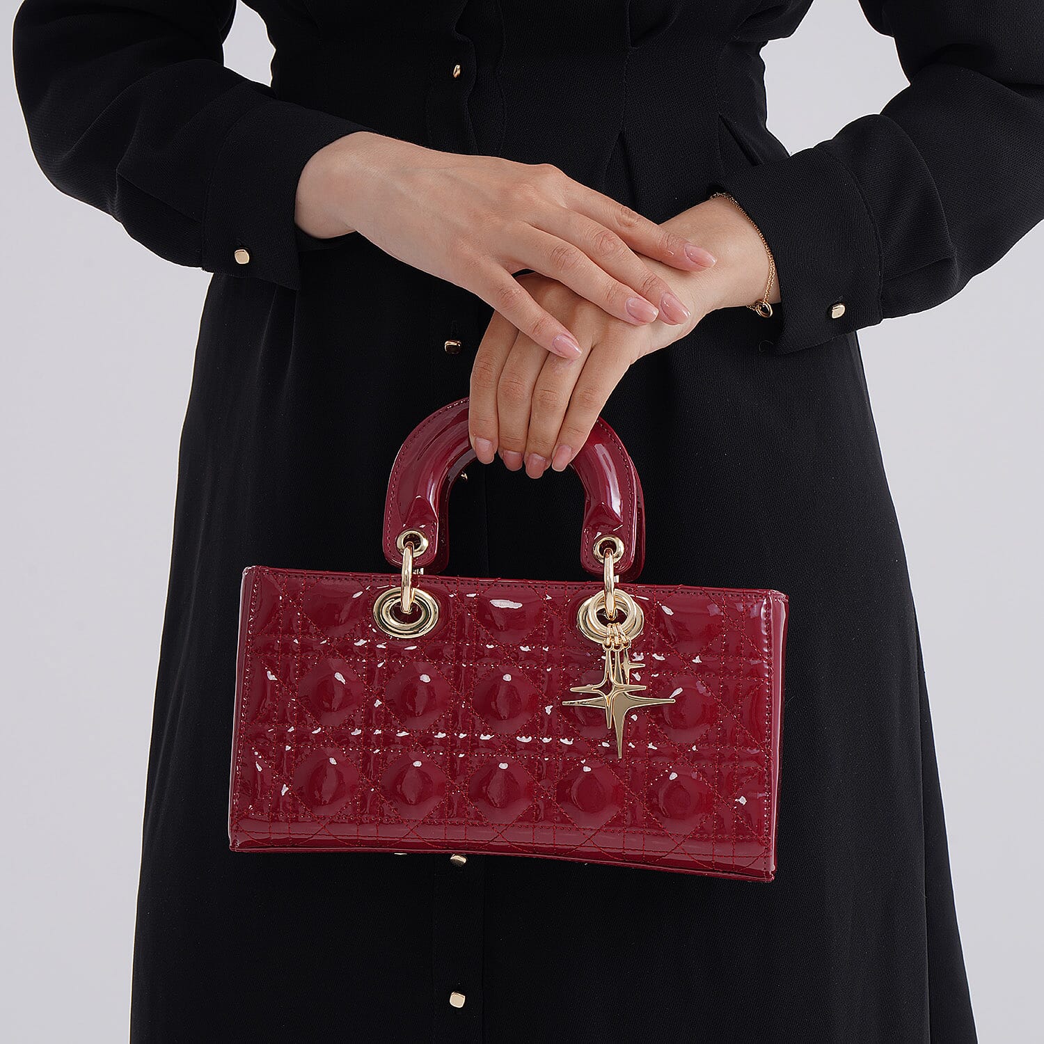 La Marey Genuine Leather Quilted Handbag Bag With Detachable Shoulder Strap - Burgundy