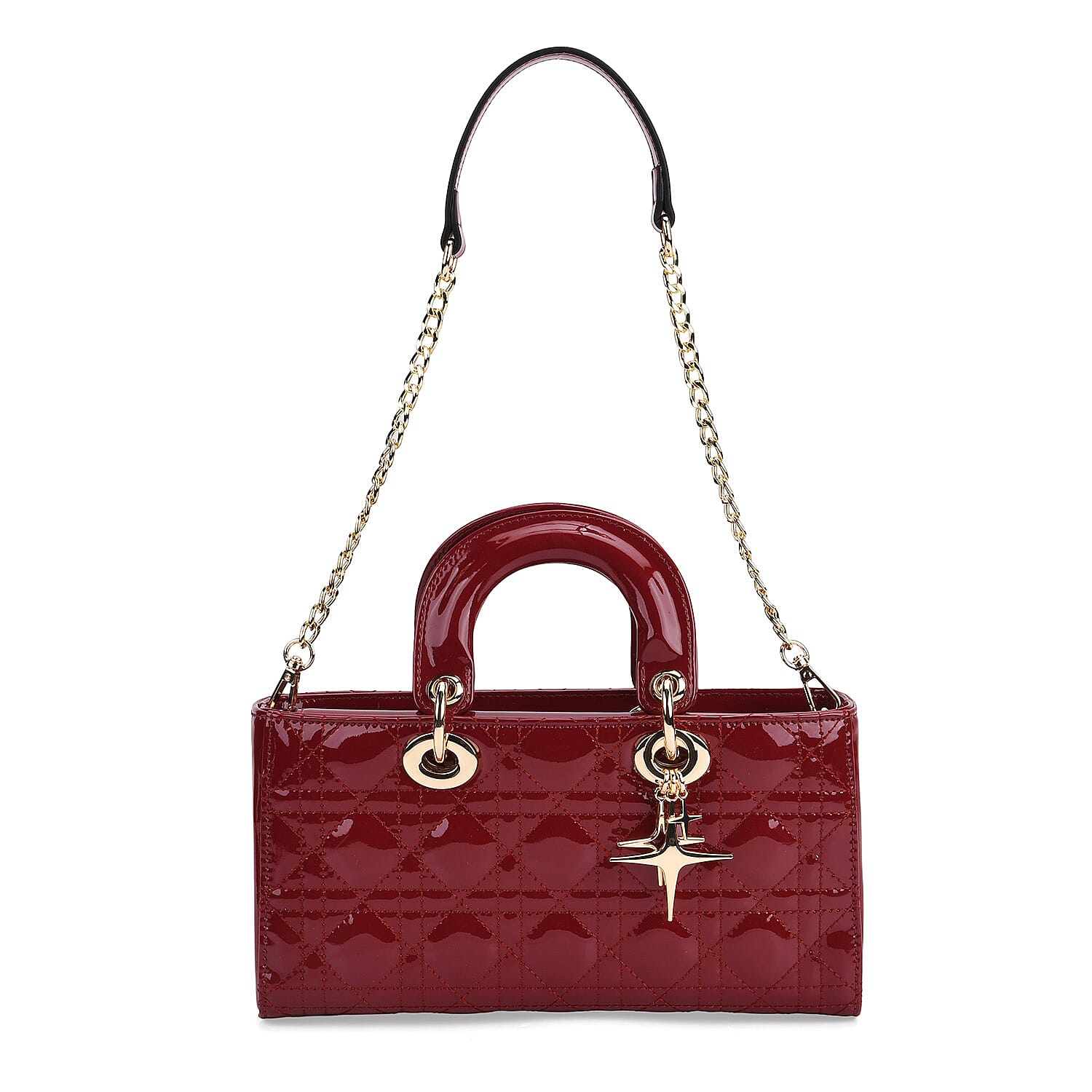 La Marey Genuine Leather Quilted Handbag Bag With Detachable Shoulder Strap - Burgundy