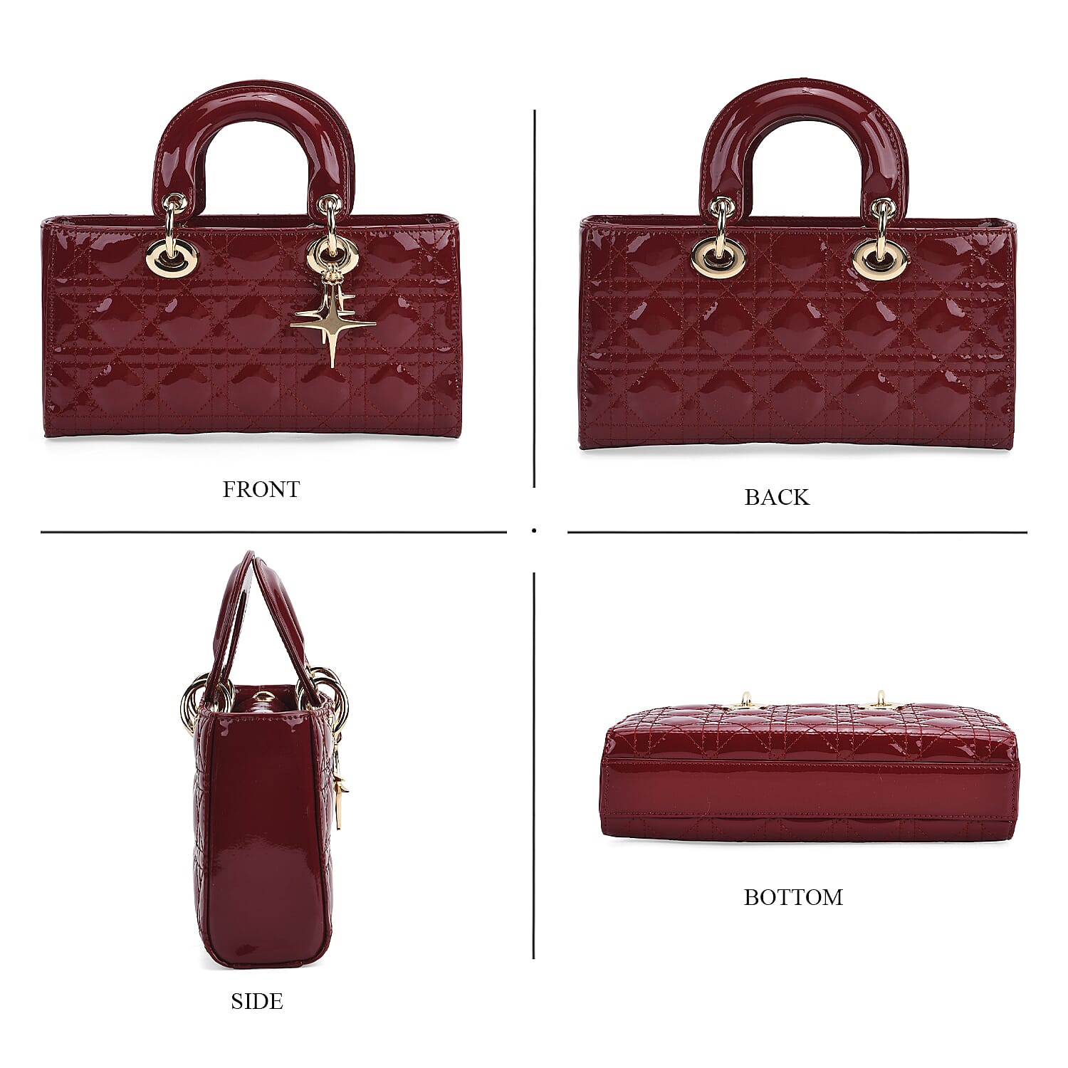 La Marey Genuine Leather Quilted Handbag Bag With Detachable Shoulder Strap - Burgundy