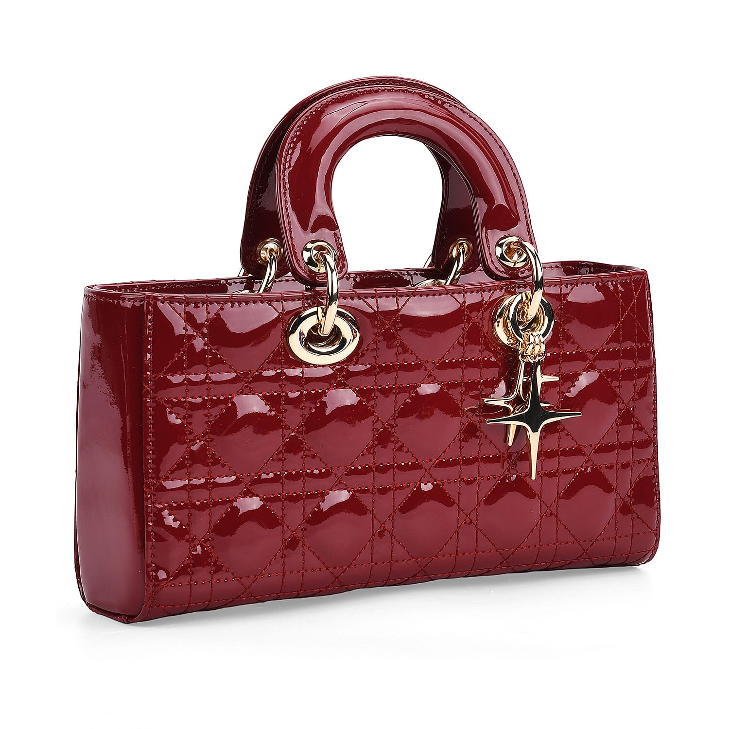 La Marey Genuine Leather Quilted Handbag Bag With Detachable Shoulder Strap - Burgundy