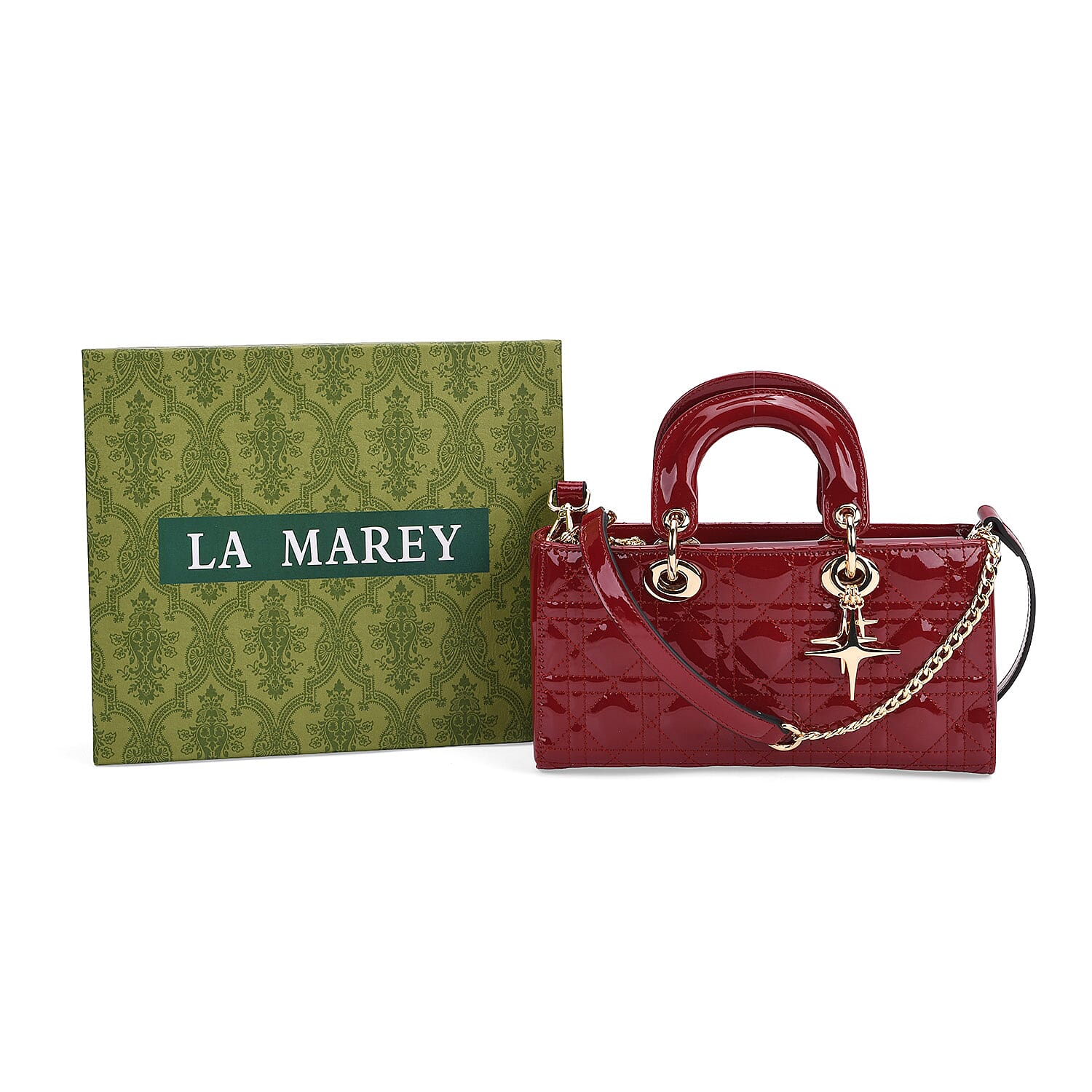 La Marey Genuine Leather Quilted Handbag Bag With Detachable Shoulder Strap - Burgundy