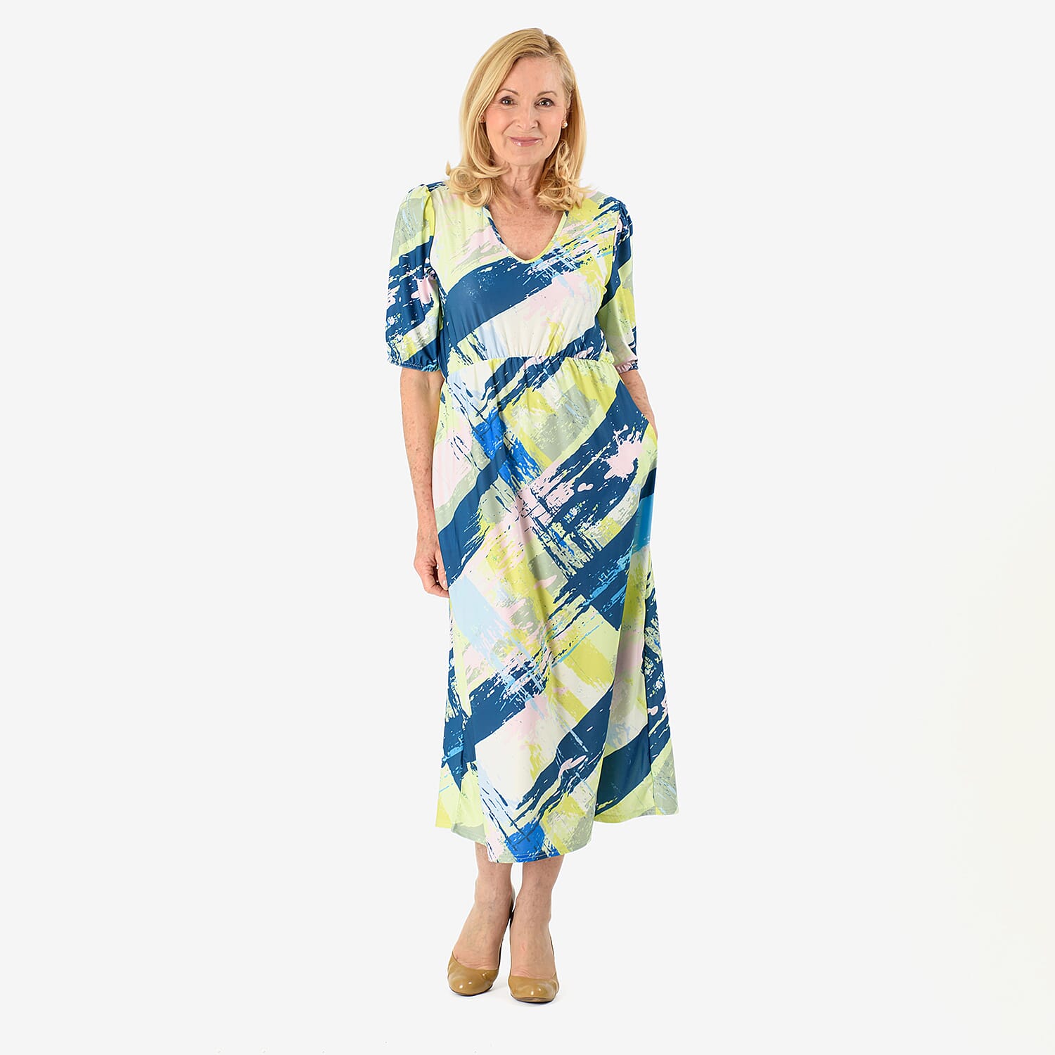 La Marey Abstract Brushstroke Print Midi Dress (Size 16 to 18) - Light Green