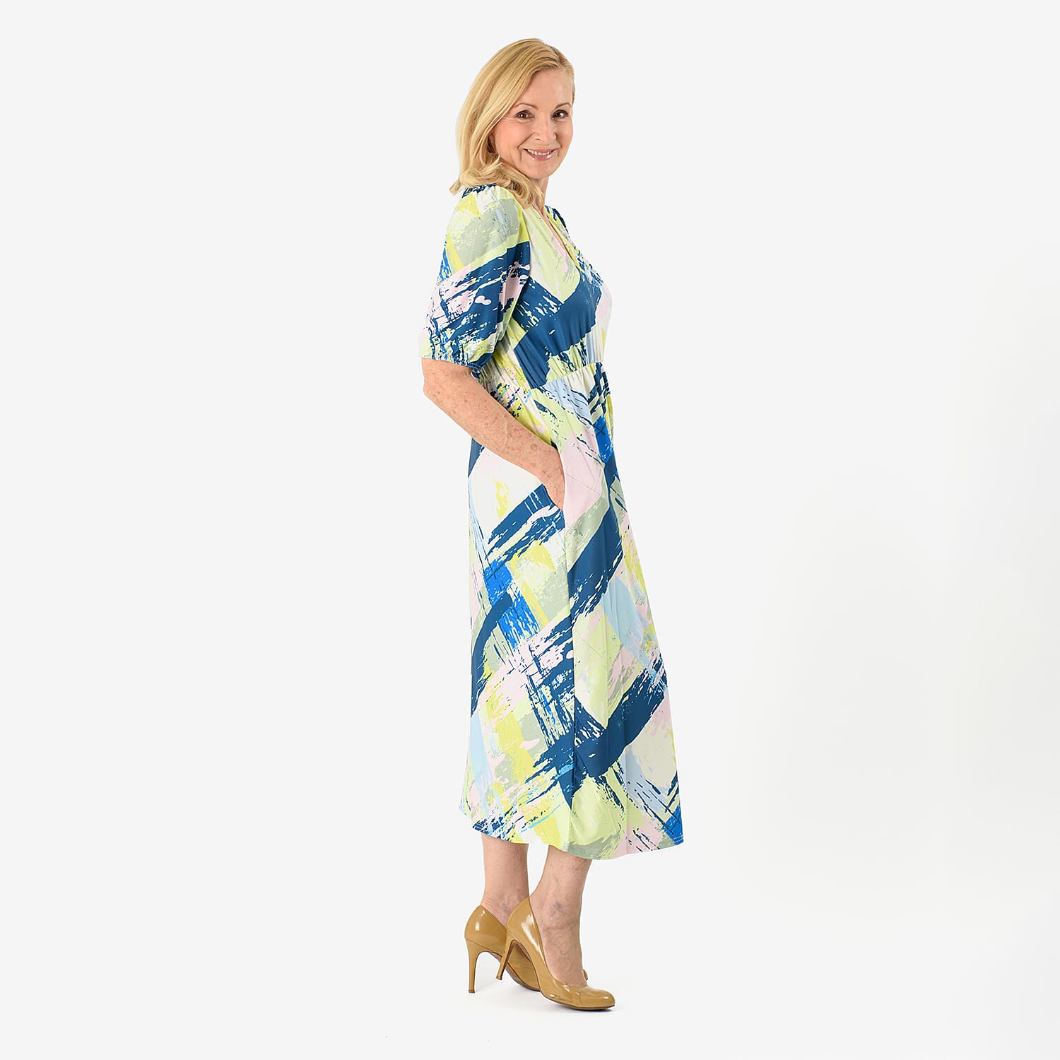 La Marey Abstract Brushstroke Print Midi Dress (Size 16 to 18) - Light Green