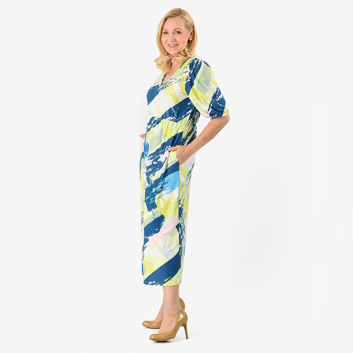 La Marey Abstract Brushstroke Print Midi Dress (Size 16 to 18) - Light Green