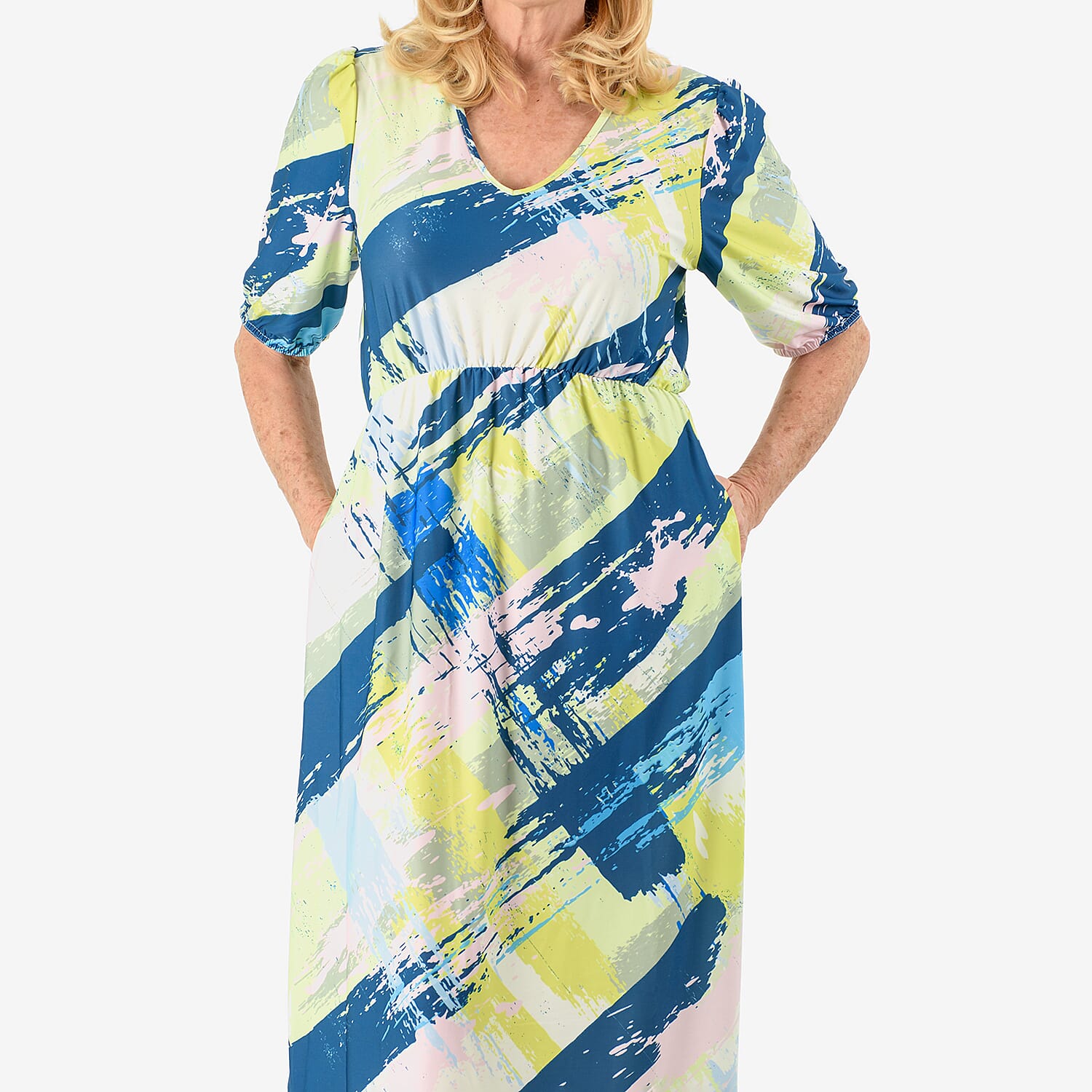 La Marey Abstract Brushstroke Print Midi Dress (Size 16 to 18) - Light Green