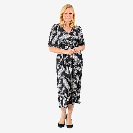La Marey Tropical Leaf Print Midi Dress (Size 16 to 18) - Black