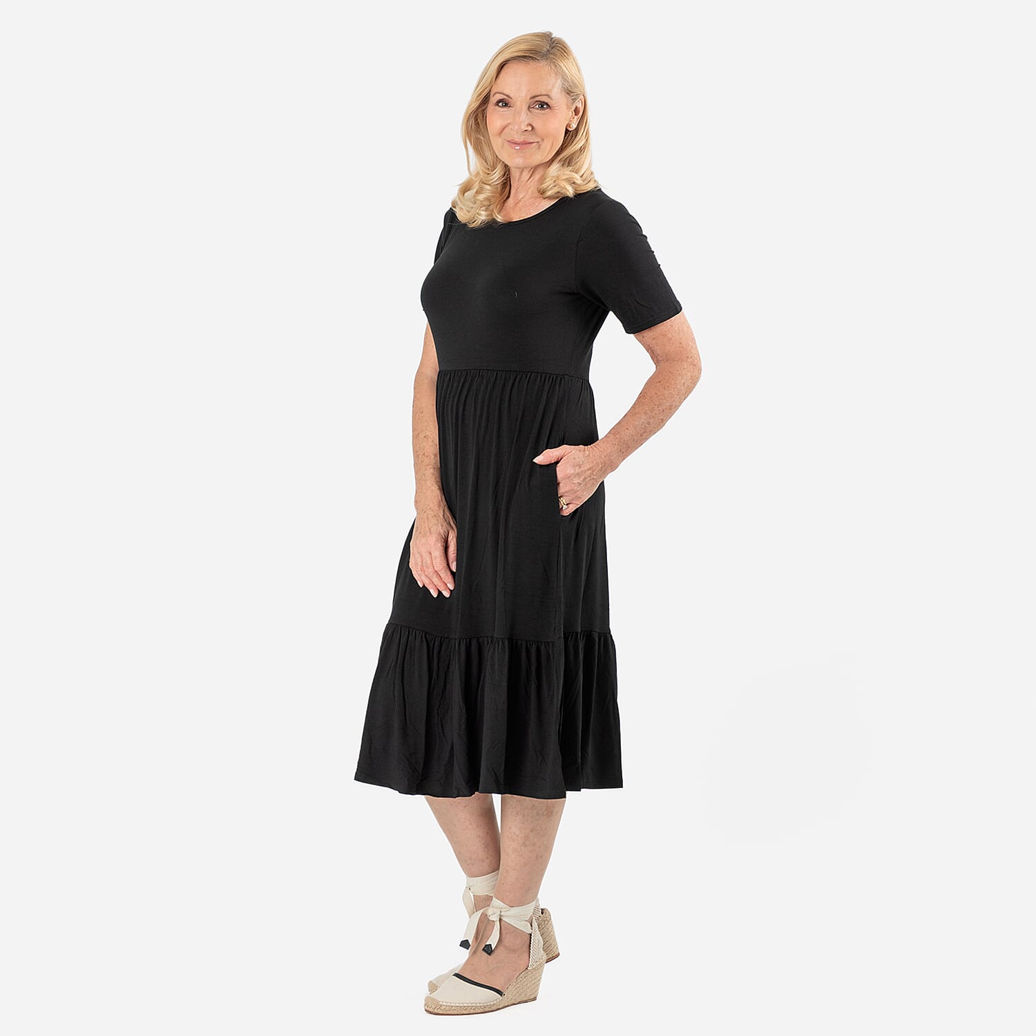 La Marey Womens Tiered Stretch Waist Midi Dress with Pockets (Size L) - Black