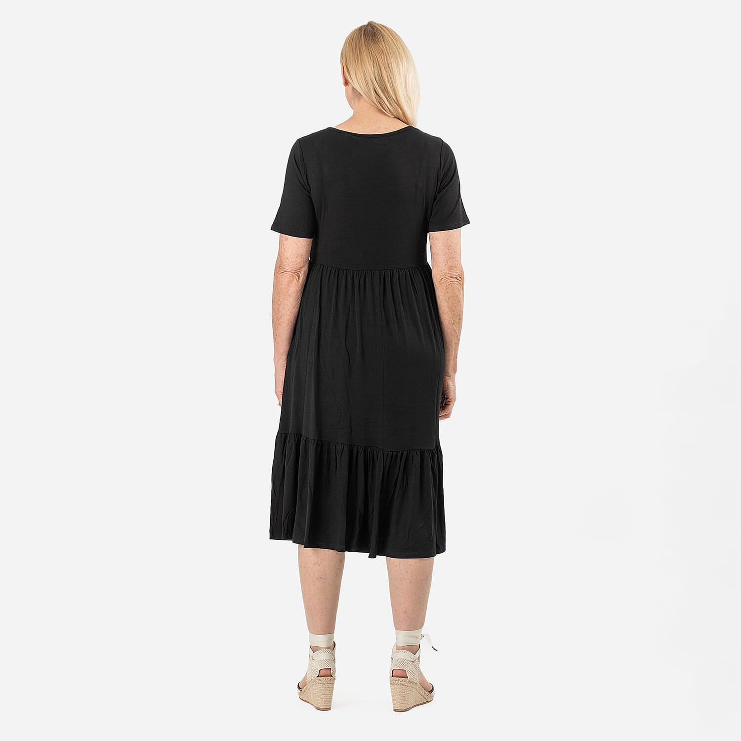 La Marey Womens Tiered Stretch Waist Midi Dress with Pockets (Size L) - Black