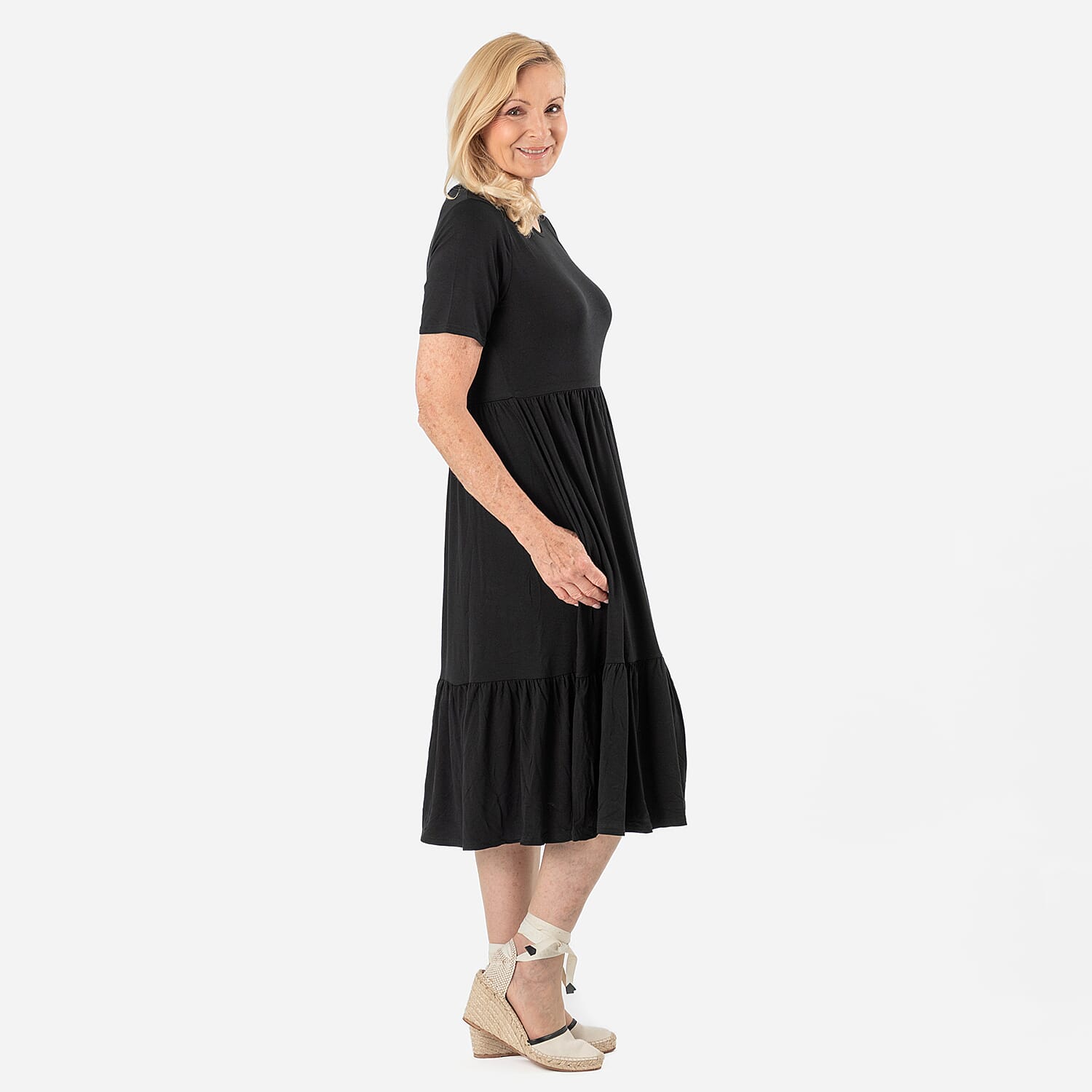 La Marey Womens Tiered Stretch Waist Midi Dress with Pockets (Size L) - Black