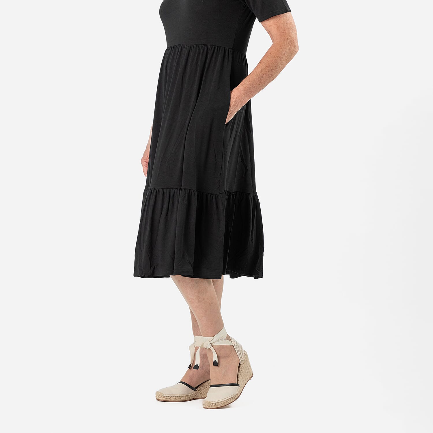 La Marey Womens Tiered Stretch Waist Midi Dress with Pockets (Size L) - Black