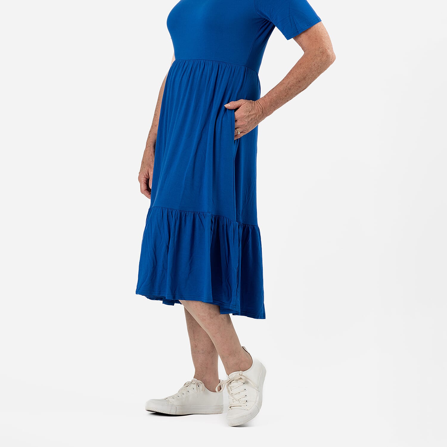 La Marey Womens Tiered Stretch Waist Midi Dress with Pockets (Size L) - Black