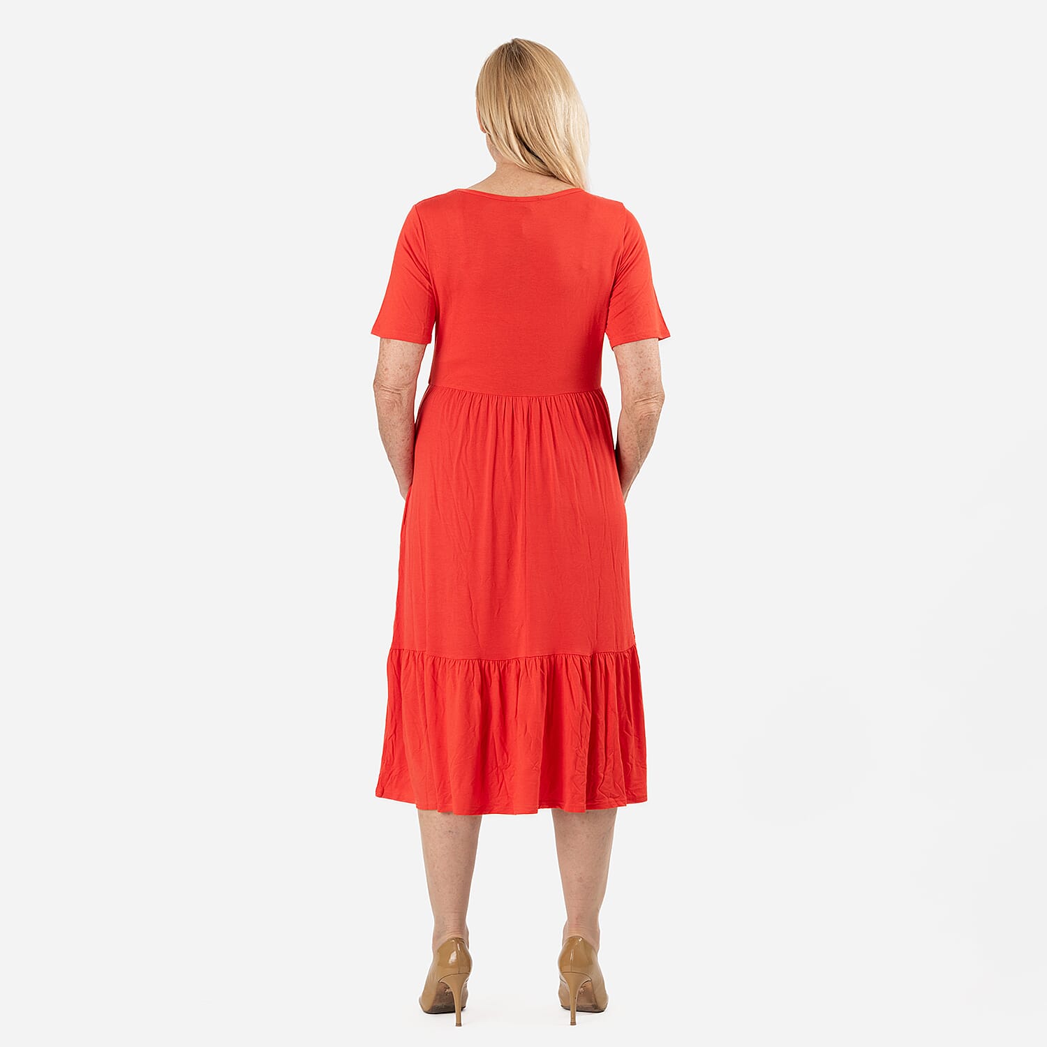 La Marey Womens Tiered Stretch Waist Midi Dress with Pockets (Size L) - Black