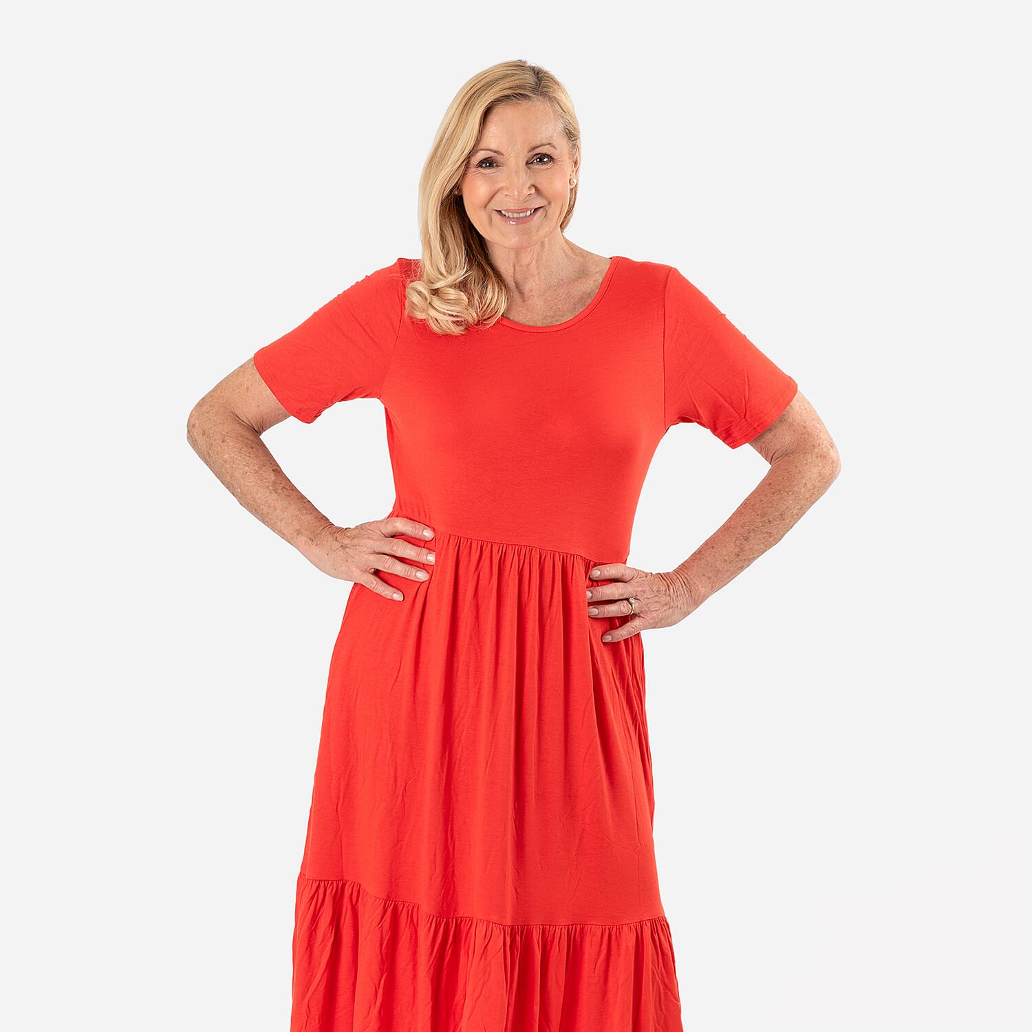 La Marey Womens Tiered Stretch Waist Midi Dress with Pockets (Size L) - Black