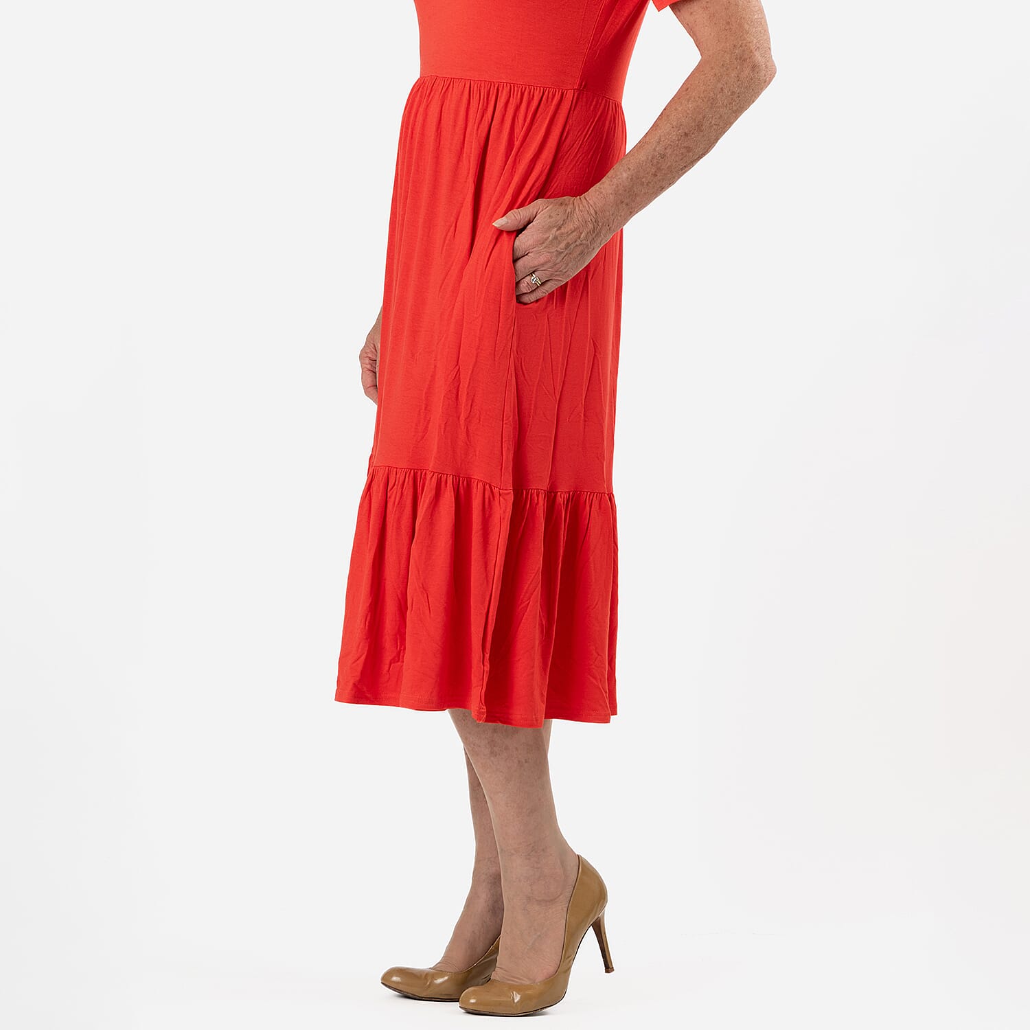 La Marey Womens Tiered Stretch Waist Midi Dress with Pockets (Size L) - Black