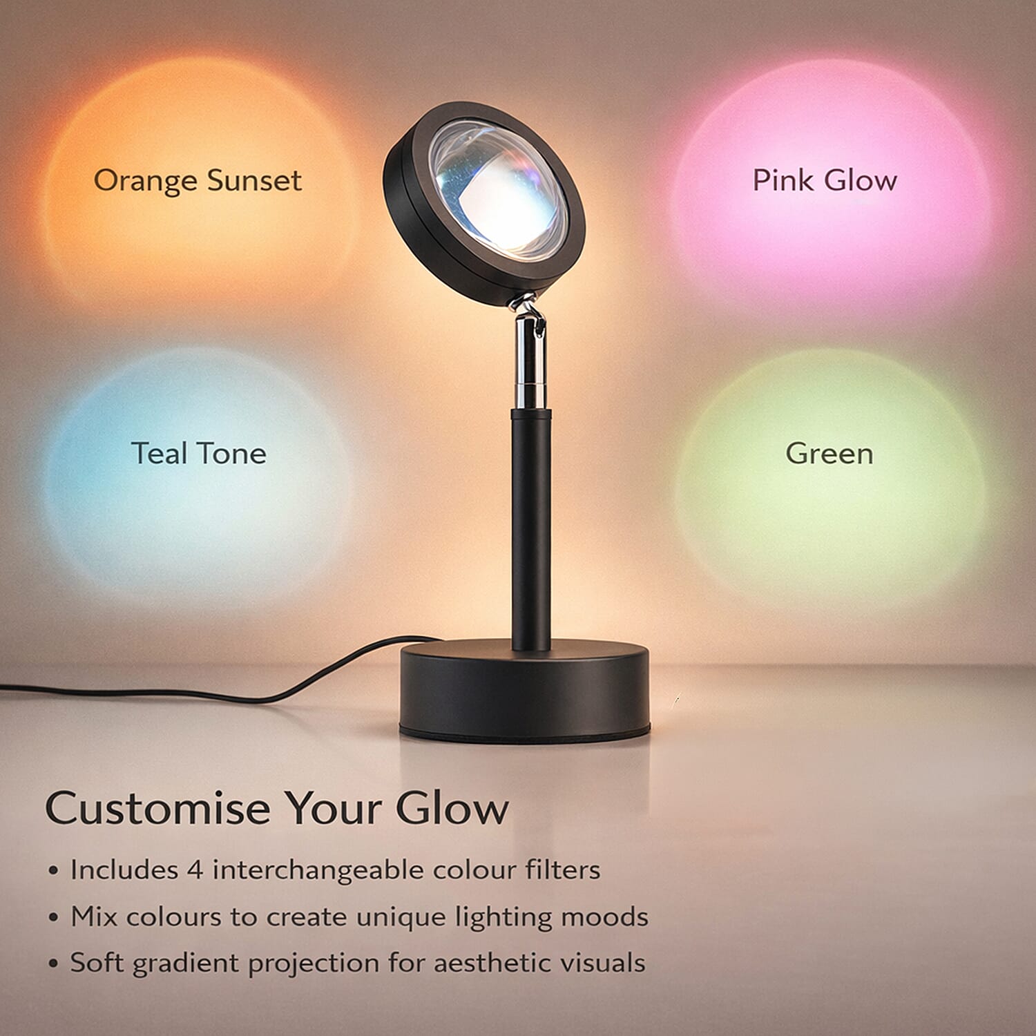 Mood Projection Sunset Lamp With 4 Colourful Film Filters - May Help Boost Mood & Improve Sleep Quality