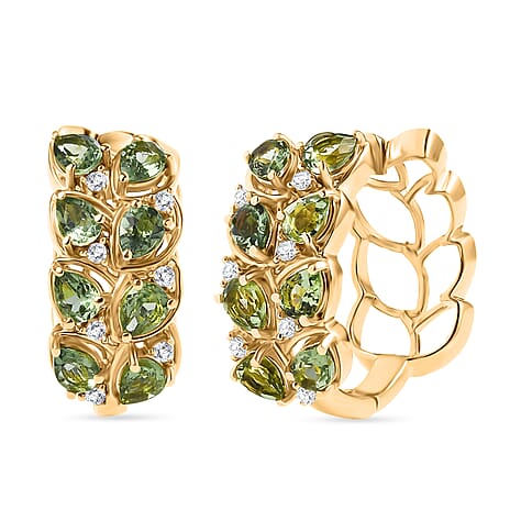 GP Leaf Collection - Green Apatite, Blue Sapphire & White Zircon J Hoop Earring in 18K Vermeil Yellow Gold Plated Sterling Silver 3.09 Ct.