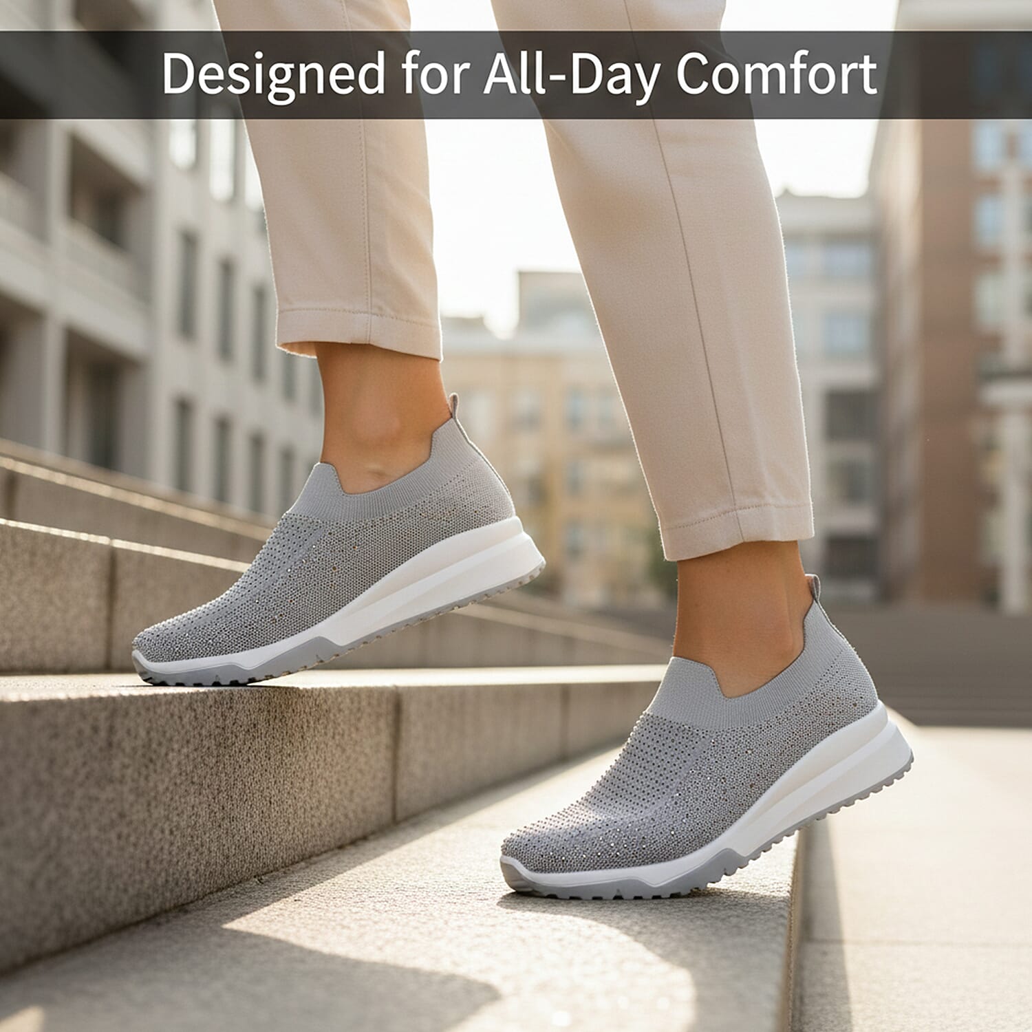 Urban Jacks Womens Casual Slip-On Trainers with Memory Foam & Diamond Detail