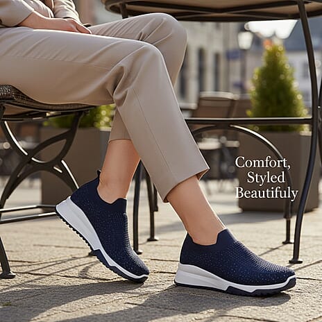 Urban Jacks Womens Casual Slip-On Trainers with Memory Foam & Diamond Detail (Size 8) - Navy