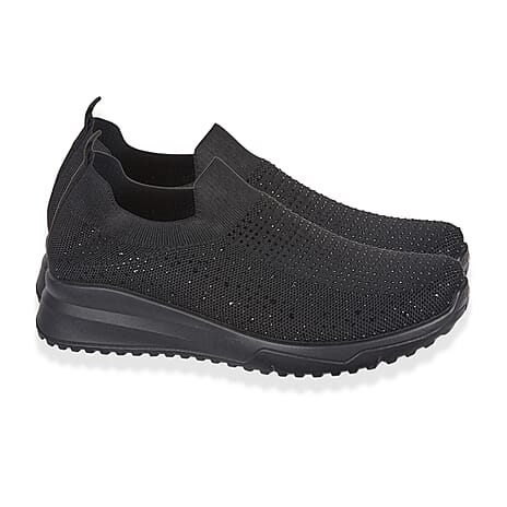 Urban Jacks Womens Casual Slip-On Trainers with Memory Foam - Diamond Detail (Size 4) - Black
