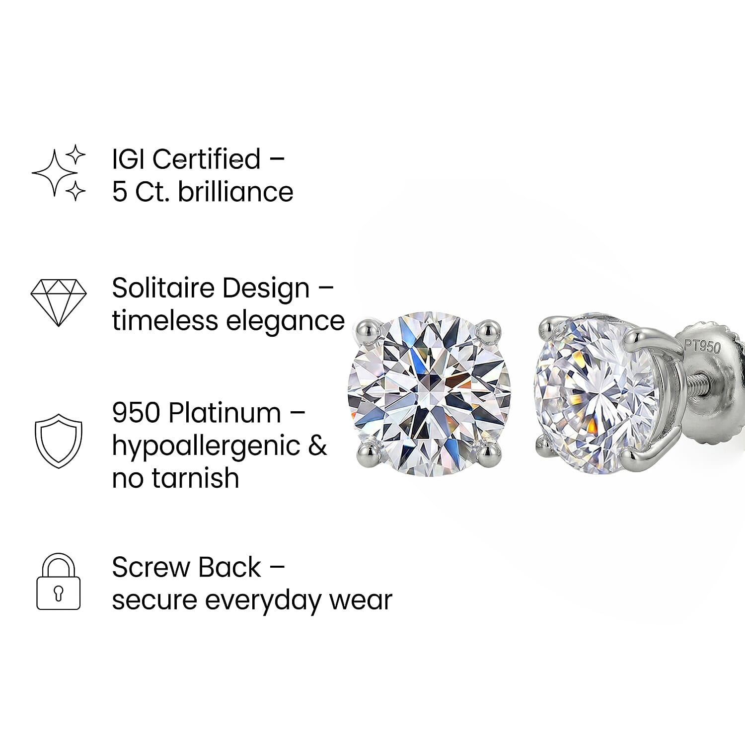 Luxuriant Diamond 950 Platinum IGI Certified Lab Grown Diamond VS-EF Solitaire Stud Earrings with Screw Back 5 Ct.