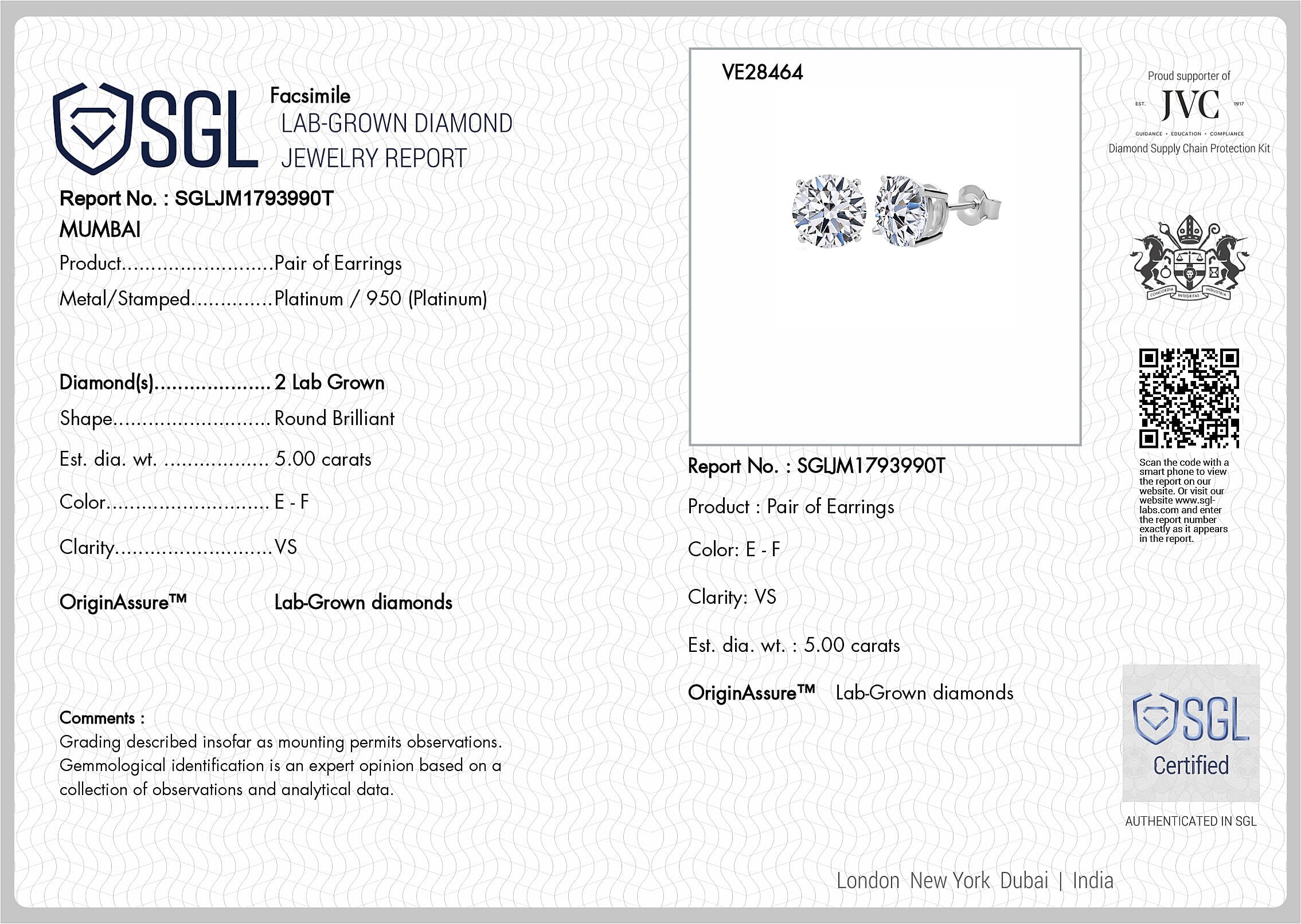 Luxuriant Diamond 950 Platinum IGI Certified Lab Grown Diamond VS-EF Solitaire Stud Earrings with Screw Back 5 Ct.