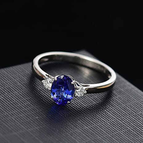 Rhapsody 950 Platinum AGI Certified AAAA Tanzanite & VS-EF White Diamond 3 Stone Ring 1.67 Ct, Platinum Wt. 3.60 Gms