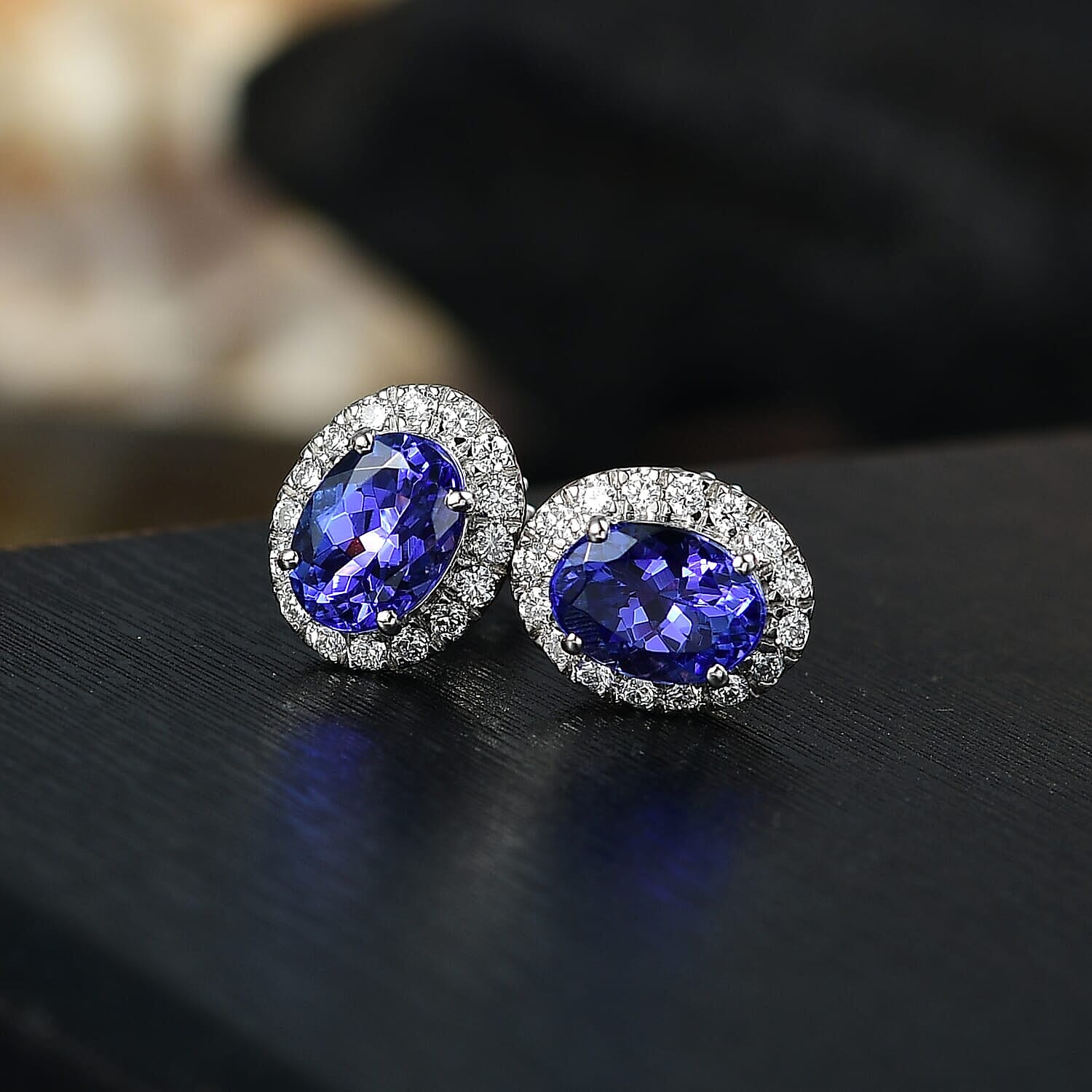 Rhapsody 950 Platinum AGI Certified AAAA Tanzanite & White Diamond (VS-EF) Stud Earring with Screw Back 2.27 Ct, Platinum Wt. 3.75 Gms.