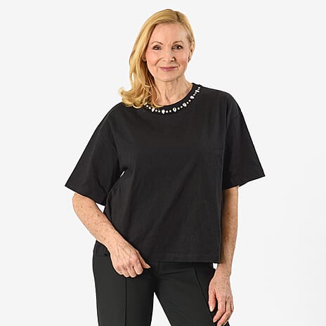 Pure Cotton Crystal Diamante Neckline Tee (Size 26) - Black