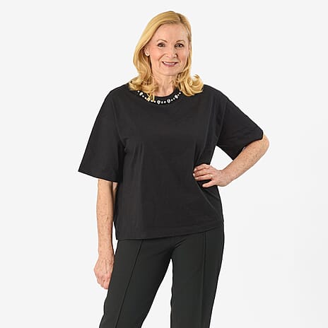 Pure Cotton Crystal Diamante Neckline Tee (Size 26) - Black