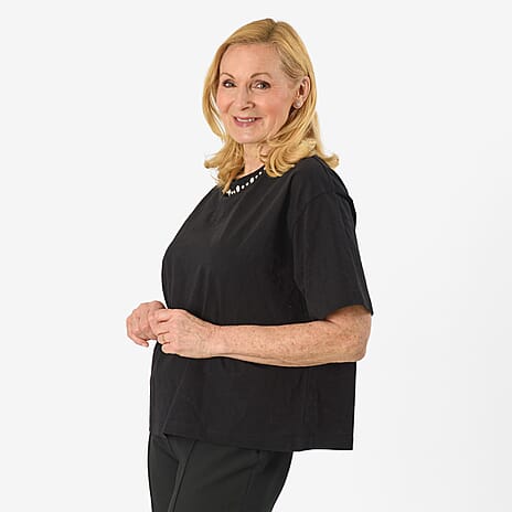 Pure Cotton Crystal Diamante Neckline Tee (Size 26) - Black