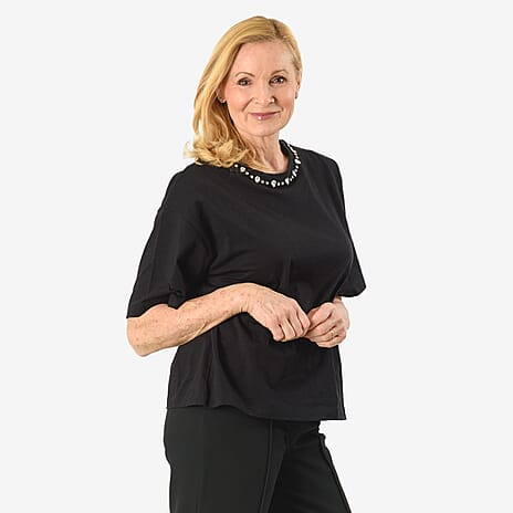 Pure Cotton Crystal Diamante Neckline Tee (Size 26) - Black