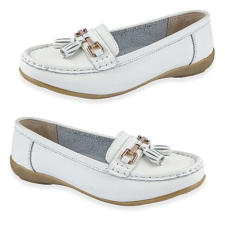 Jo - Joe Ladies Nautical Wide Fit Leather Tassel Loafer (Size 8) - White