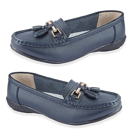 Jo - Joe Ladies Nautical Wide Fit Leather Tassel Loafer (Size 7) - Navy