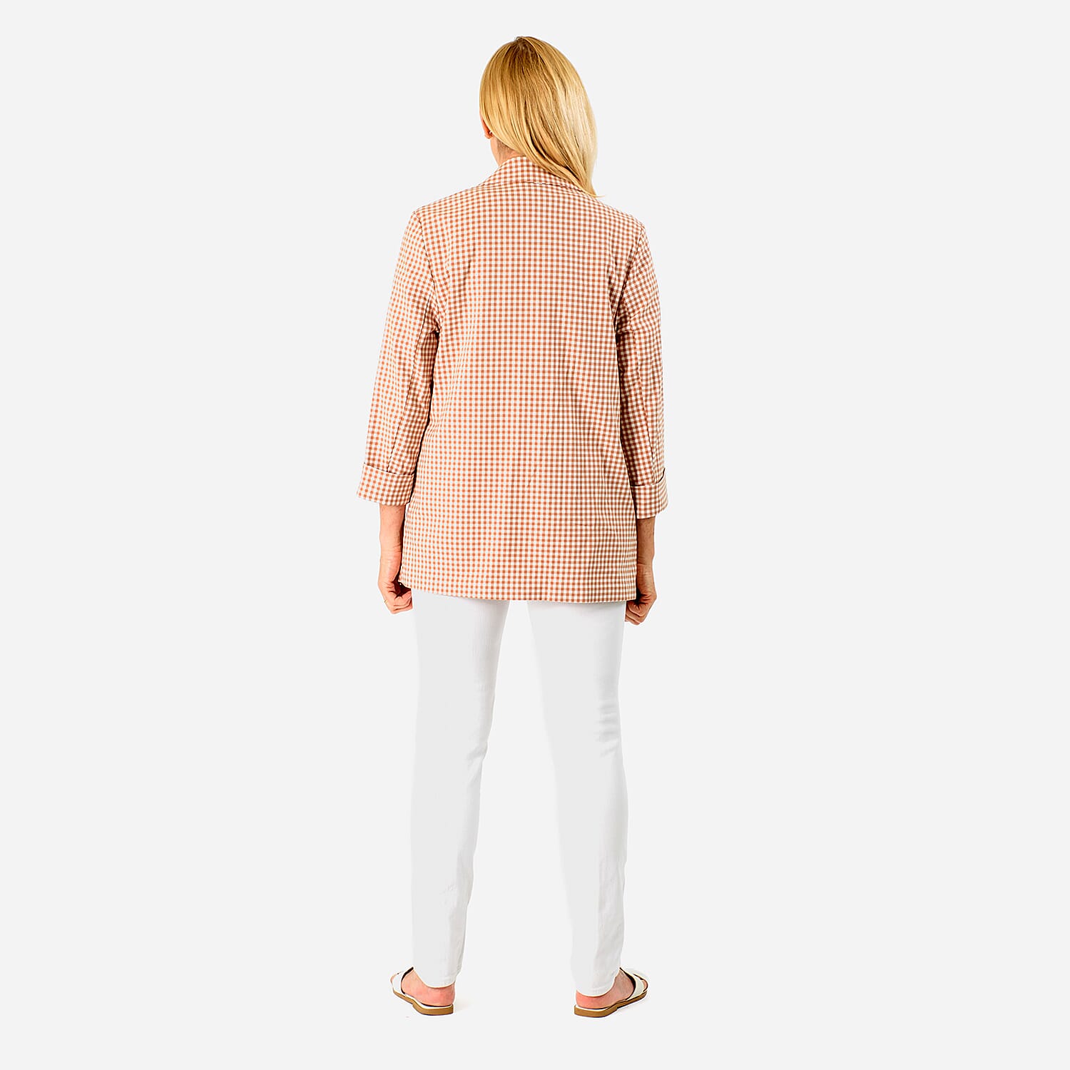 Brand New - Women Front-Open 3-4 Sleeve Checkered Blazer (Size - 8) - Orange-Brown